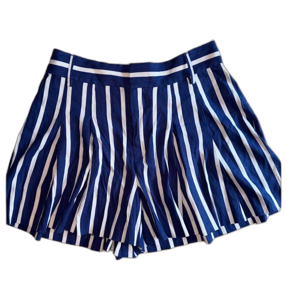Alice + Olivia Striped Pleated Linen Blend High-Rise Shorts Blue White NWT Sz 10
